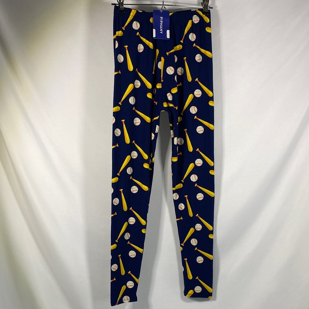 Piphany Navy Leggings with Yellow Baseball Bat & White Ball Motif NWT